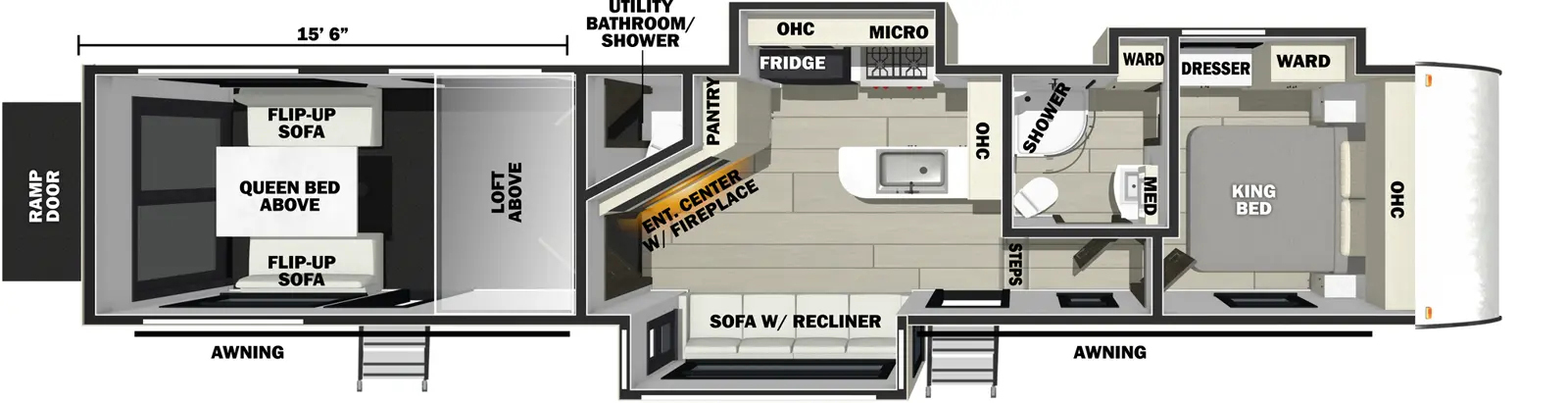 The Vengeance Rogue Armored 383G2 floorplan is a toy hauler that has two entries and three slide outs. Exterior features include: fiberglass exterior and 12' & 18' awning. Interiors features include: loft, front bedroom and bathroom and a half.
